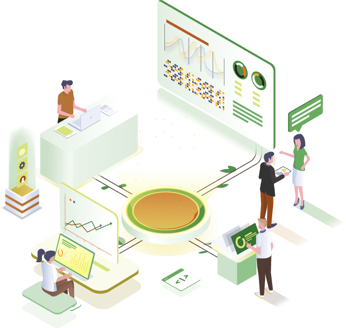 Illustration showing people working on various things but with one common goal