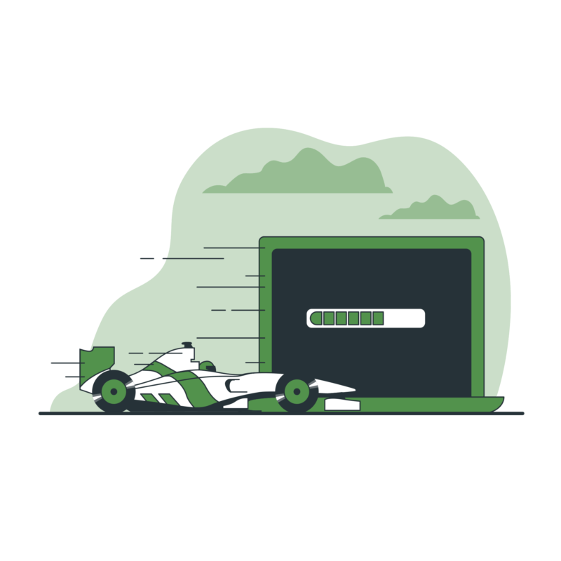 Image showing a laptop with loading indicator beside a Formula One car signifying high performance